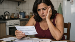 Pessoa preocupada olhando contas em casa, sensação de que o dinheiro acaba rápido