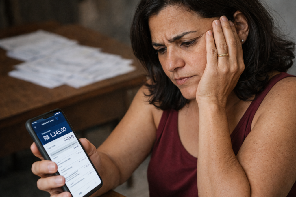 Pessoa olhando o celular e percebendo que o dinheiro acaba antes do fim do mês
