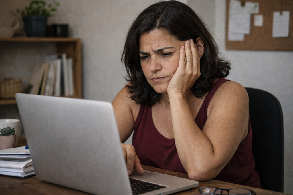 Pessoa trabalhando em casa no notebook e sentindo que trabalha muito mas o dinheiro não sobra
